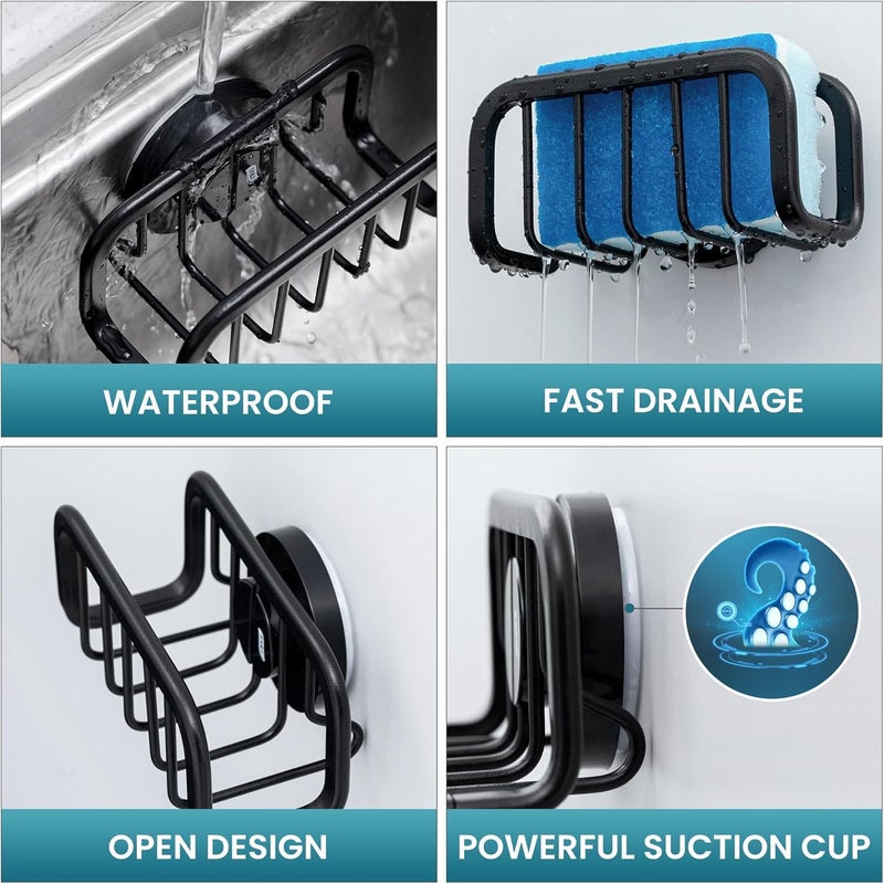 Taili Sponge Holder for Kitchen Sink with Strong Suction Cup, Removable Sponge Holder, Rustproof Aluminum Sink Caddy for Sponges, Dish Brush - Black - Image 5